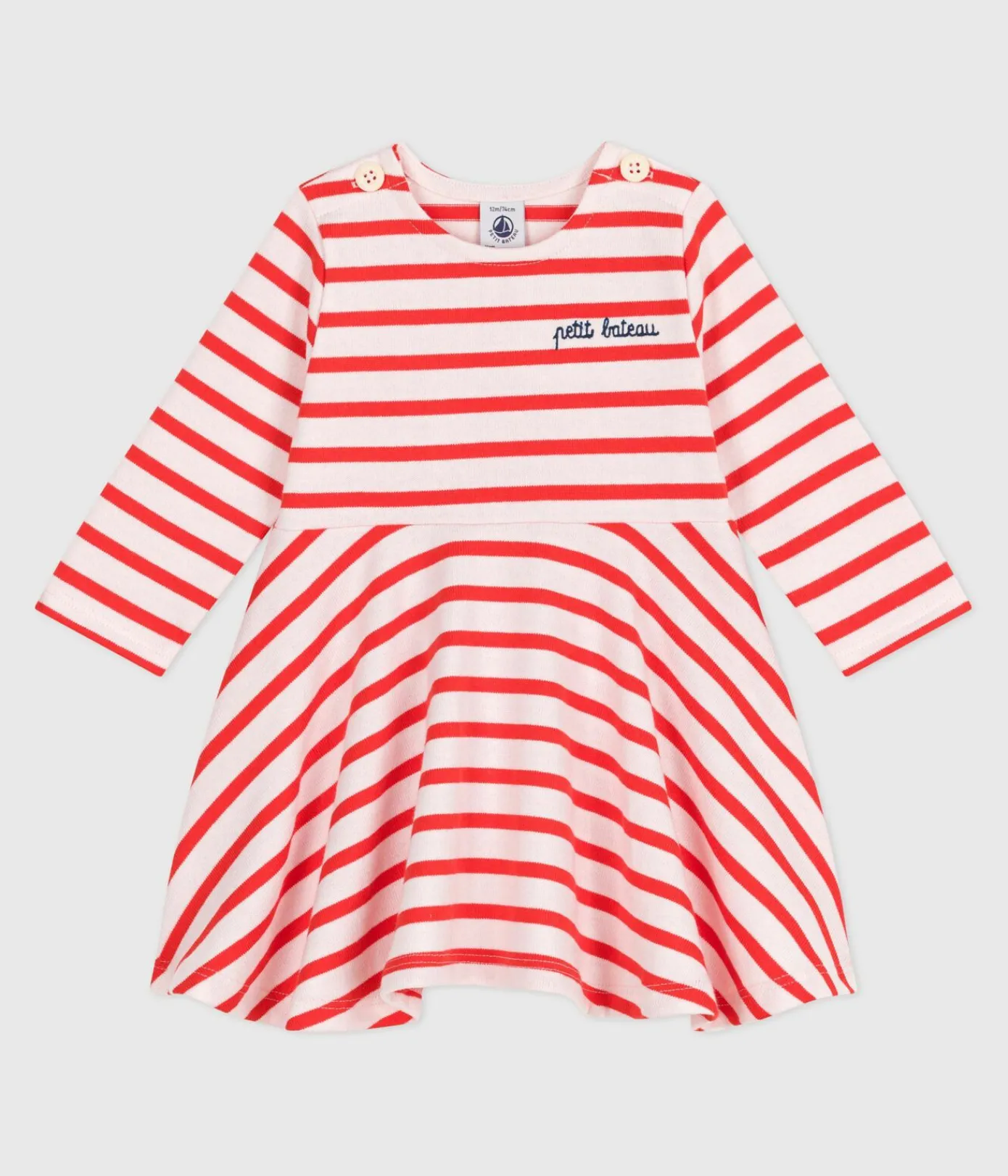 Petit Bateau Kleider*Langärmeliges Baby-Kleid aus festem Baumwollstoff mit Matrosenstreifen rosa FLEUR/ SPICY