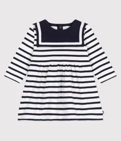 Petit Bateau Kleider*Langärmeliges Baby-Kleid aus festem Baumwollstoff mit Matrosenstreifen weiss MARSHMALLOW/blau SMOKING