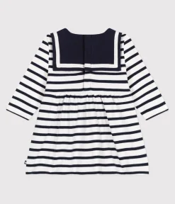 Petit Bateau Kleider*Langärmeliges Baby-Kleid aus festem Baumwollstoff mit Matrosenstreifen weiss MARSHMALLOW/blau SMOKING