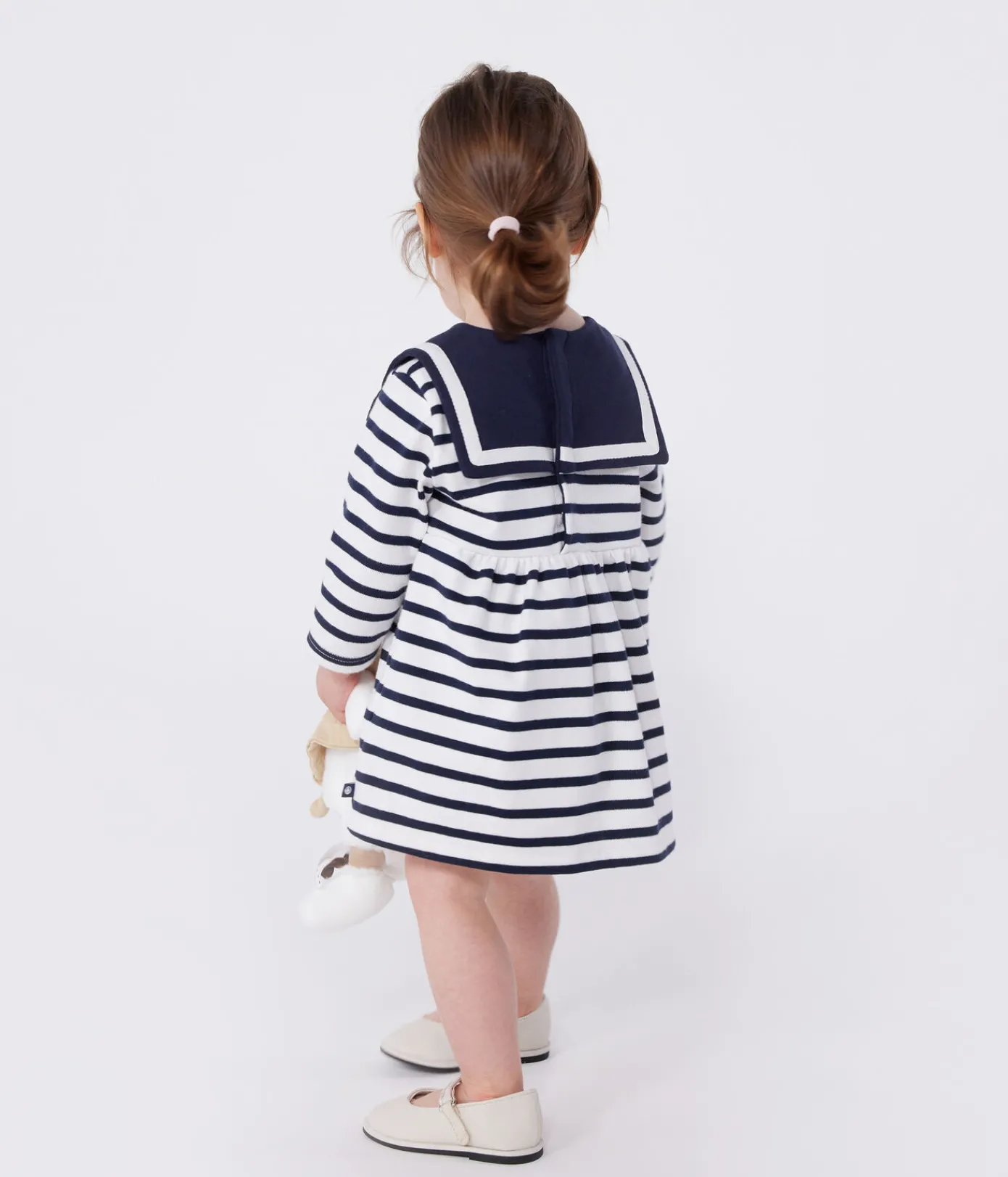 Petit Bateau Kleider*Langärmeliges Baby-Kleid aus festem Baumwollstoff mit Matrosenstreifen weiss MARSHMALLOW/blau SMOKING