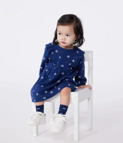 Petit Bateau Kleider*Langärmeliges Baby-Kleid aus Baumwolle mit Blumenmuster blau MEDIEVAL/weiss MULTICO
