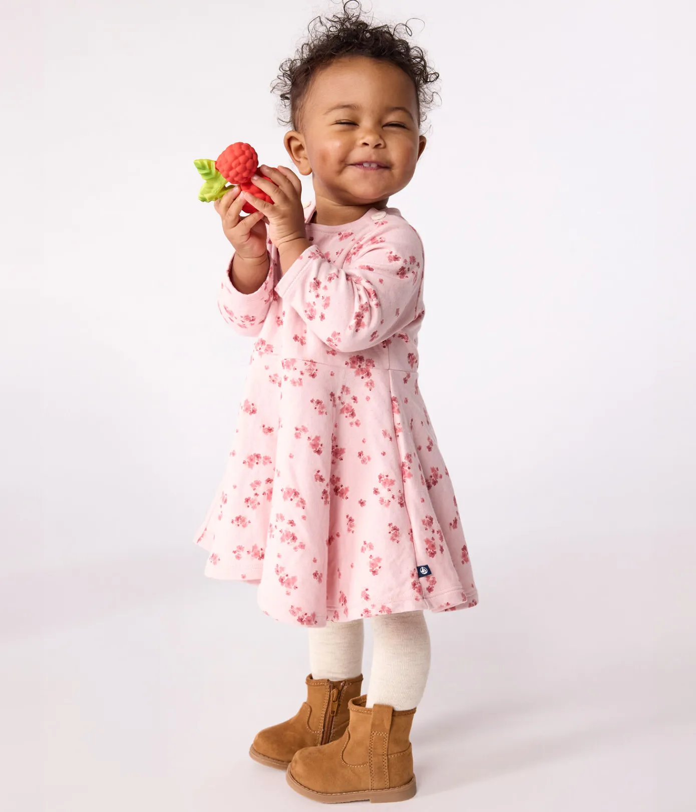 Petit Bateau Kleider*Langärmeliges Baby-Kleid aus Baumwolle mit Blumenmuster rosa JOLI/weiss MULTICO