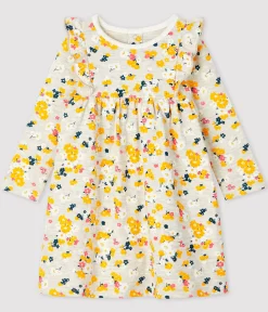 Petit Bateau Kleider*Langärmeliges Baby-Kleid für Mädchen beige MONTELIMAR/weiss MULTICO