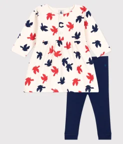 Petit Bateau Kleider*Langärmeliges Baby-Kleid und Leggings mit Vogelmotiv. weiss AVALANCHE/ MULTICO