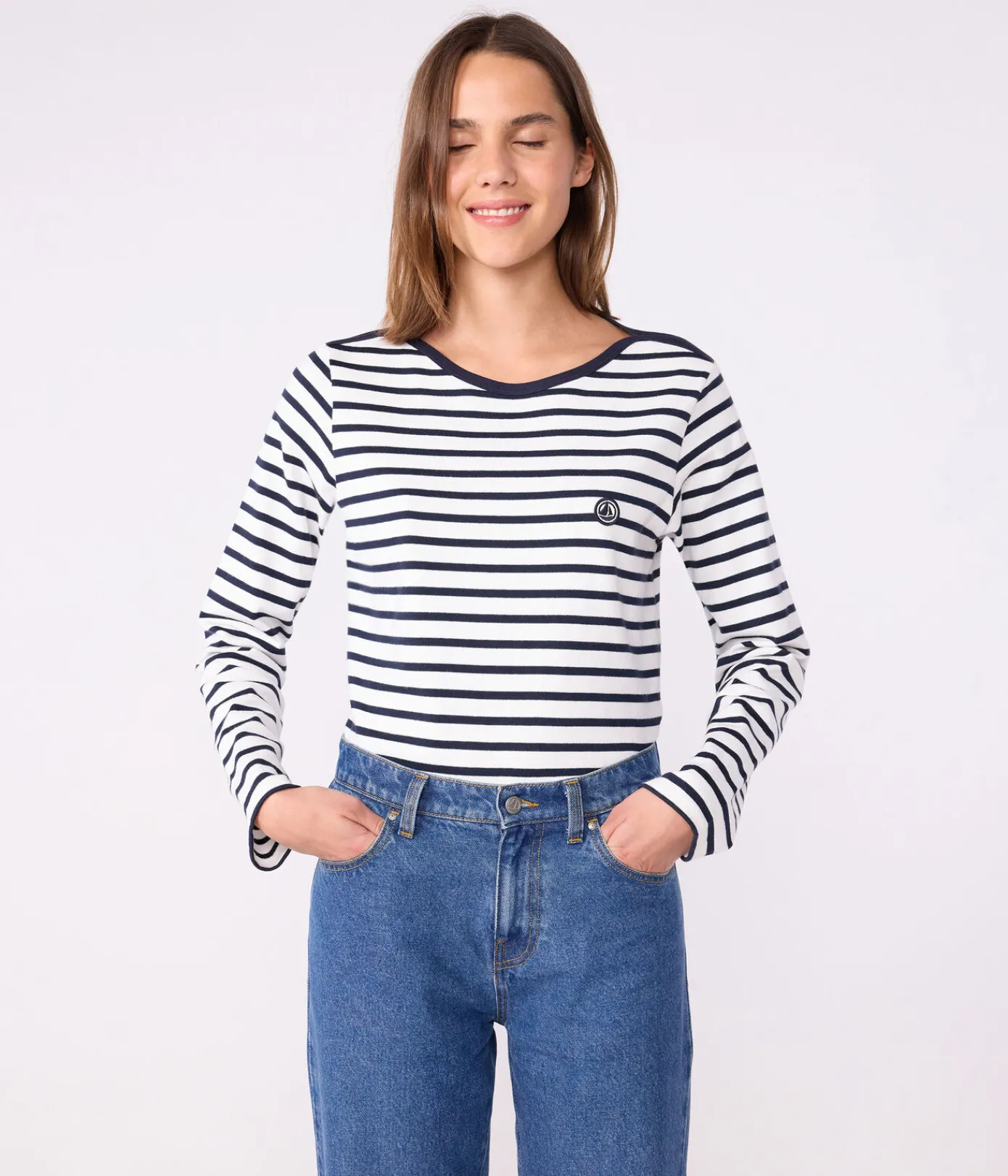 Petit Bateau Streifenshirts, Pullover, Cardigans*Langärmeliges Damen-Streifenshirt weiss MARSHMALLOW/blau SMOKING