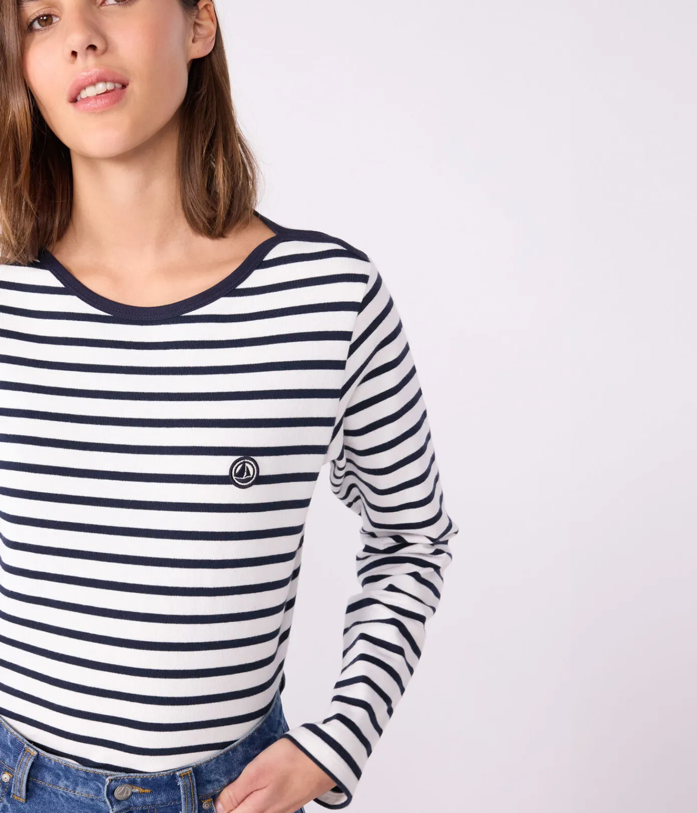 Petit Bateau Streifenshirts, Pullover, Cardigans*Langärmeliges Damen-Streifenshirt weiss MARSHMALLOW/blau SMOKING