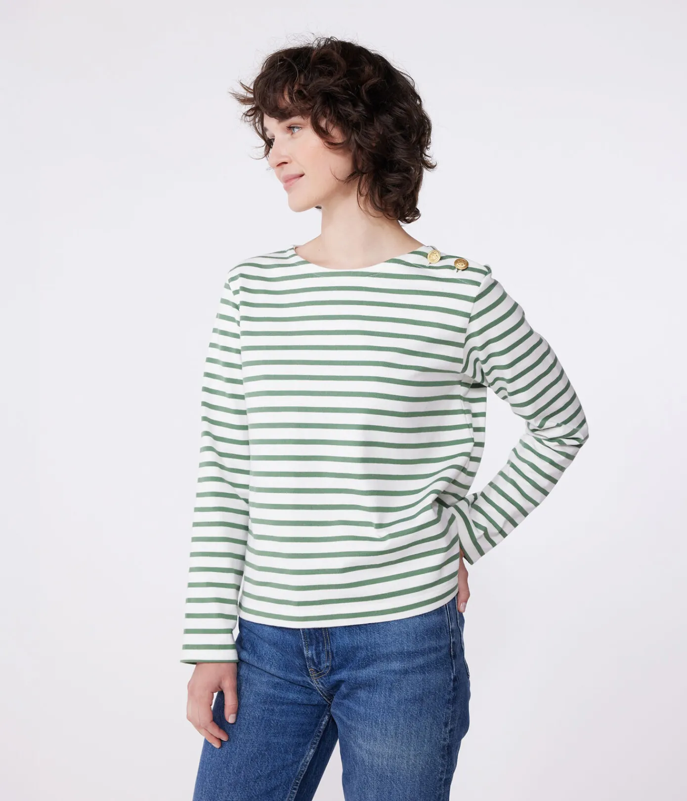 Petit Bateau Streifenshirts, Pullover, Cardigans*Langärmeliges Damen-Streifenshirt grün MARSHMALLOW/ PALMERAIE