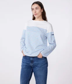 Petit Bateau Streifenshirts, Pullover, Cardigans*Langärmeliges Damen-T-Shirt weiss MARSHMALLOW/blau ALASKA