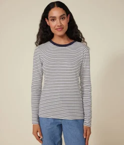 Petit Bateau Alle Langarmshirts|T-Shirts, Tanktops*Langärmeliges Damen-T-Shirt weiss MARSHMALLOW/blau SMOKING