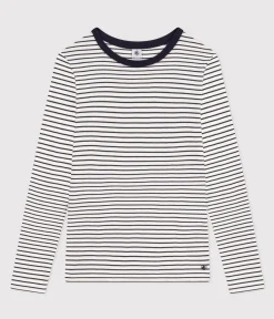 Petit Bateau Alle Langarmshirts|T-Shirts, Tanktops*Langärmeliges Damen-T-Shirt weiss MARSHMALLOW/blau SMOKING