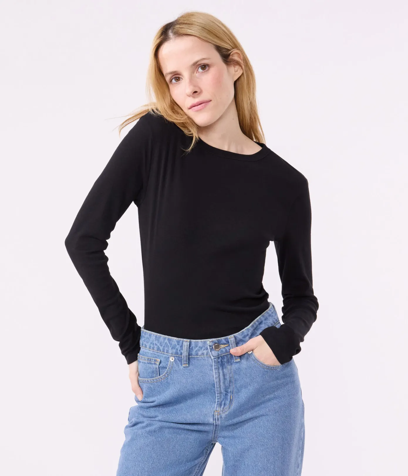 Petit Bateau Alle Langarmshirts|Das Ikonische (Slim)*Langärmeliges Damen-T-Shirt L'Iconique aus einfarbigem Rippstrick schwarz BLACK