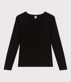 Petit Bateau Alle Langarmshirts|Das Ikonische (Slim)*Langärmeliges Damen-T-Shirt L'Iconique aus einfarbigem Rippstrick schwarz BLACK