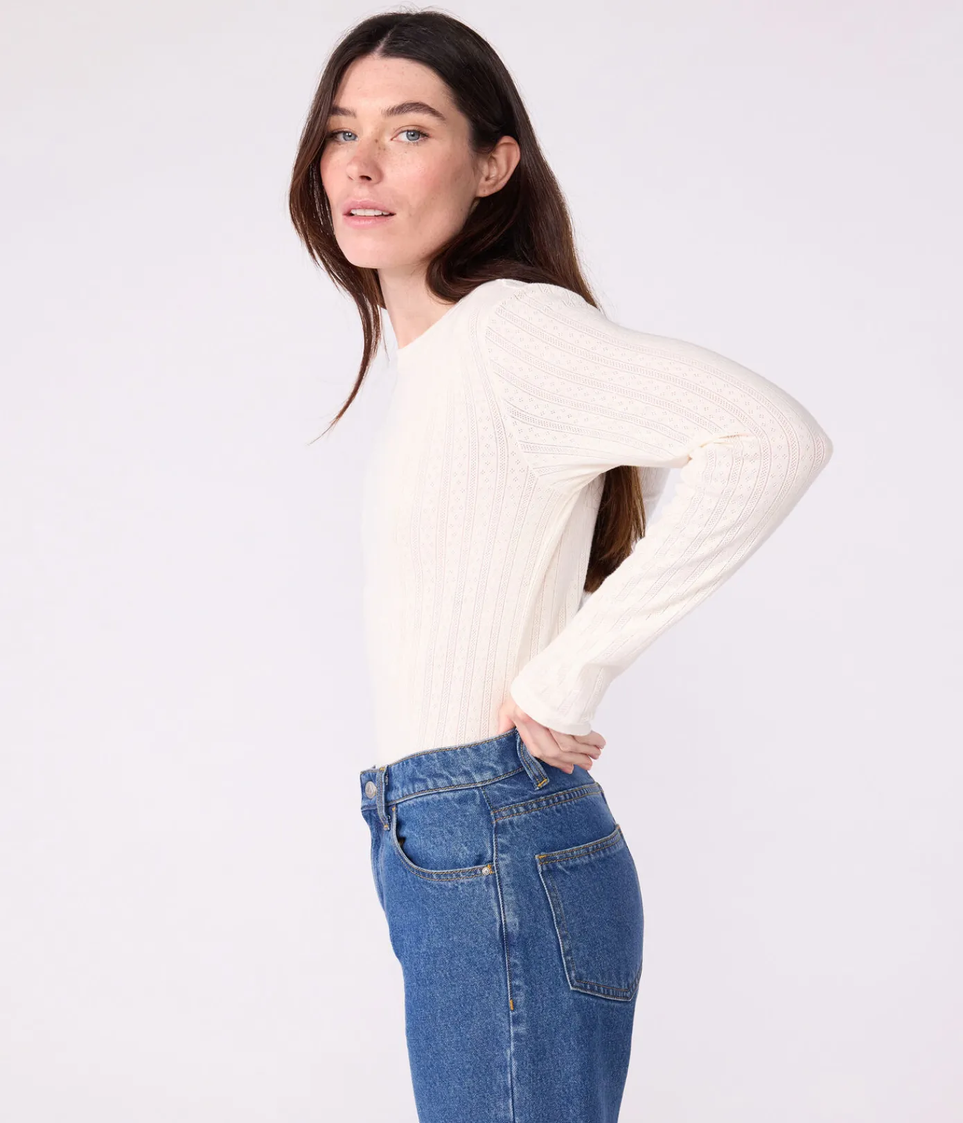 Petit Bateau Alle Langarmshirts|T-Shirts, Tanktops*Langärmeliges Damen-T-Shirt L’Iconique aus Baumwolle mit Lochstickerei naturfarben MILK
