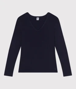 Petit Bateau Alle Langarmshirts|Das Ikonische (Slim)*Langärmeliges Damen-T-Shirt L'Iconique aus einfarbigem Rippstrick blau SMOKING