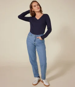 Petit Bateau Alle Langarmshirts|Das Ikonische (Slim)*Langärmeliges Damen-T-Shirt L'Iconique aus einfarbigem Rippstrick blau SMOKING