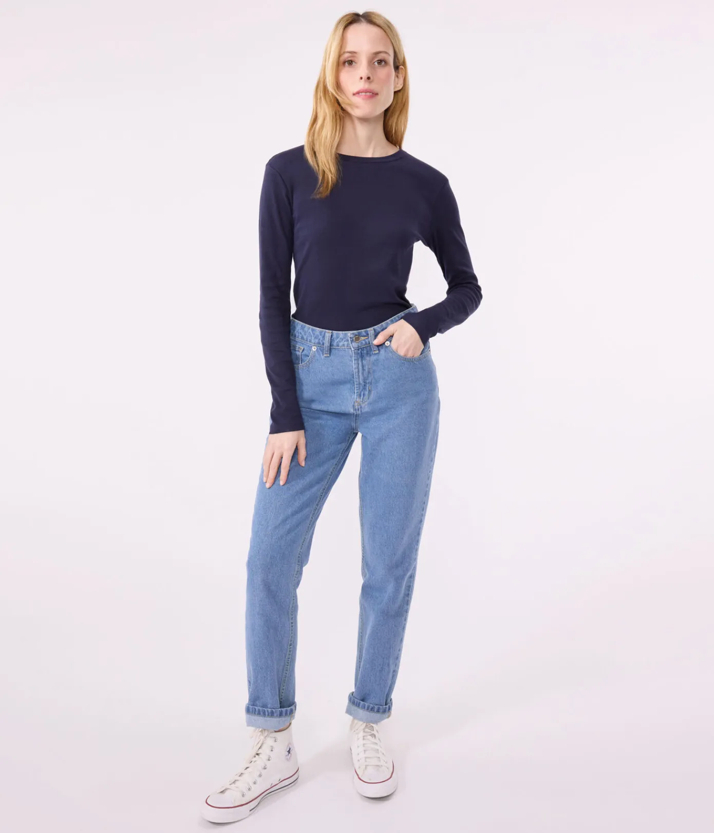 Petit Bateau Alle Langarmshirts|Das Ikonische (Slim)*Langärmeliges Damen-T-Shirt L'Iconique aus einfarbigem Rippstrick blau SMOKING