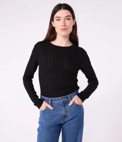 Petit Bateau Alle Langarmshirts|T-Shirts, Tanktops*Langärmeliges Damen-T-Shirt L’Iconique aus Baumwolle mit Lochstickerei schwarz BLACK