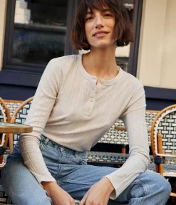 Petit Bateau Alle Langarmshirts|Das Ikonische (Slim)*Langärmeliges Damen-T-Shirt mit Kragen mit Knopfleiste im einfarbigen Nadelzug-Strick beige MONTELIMAR CHINE