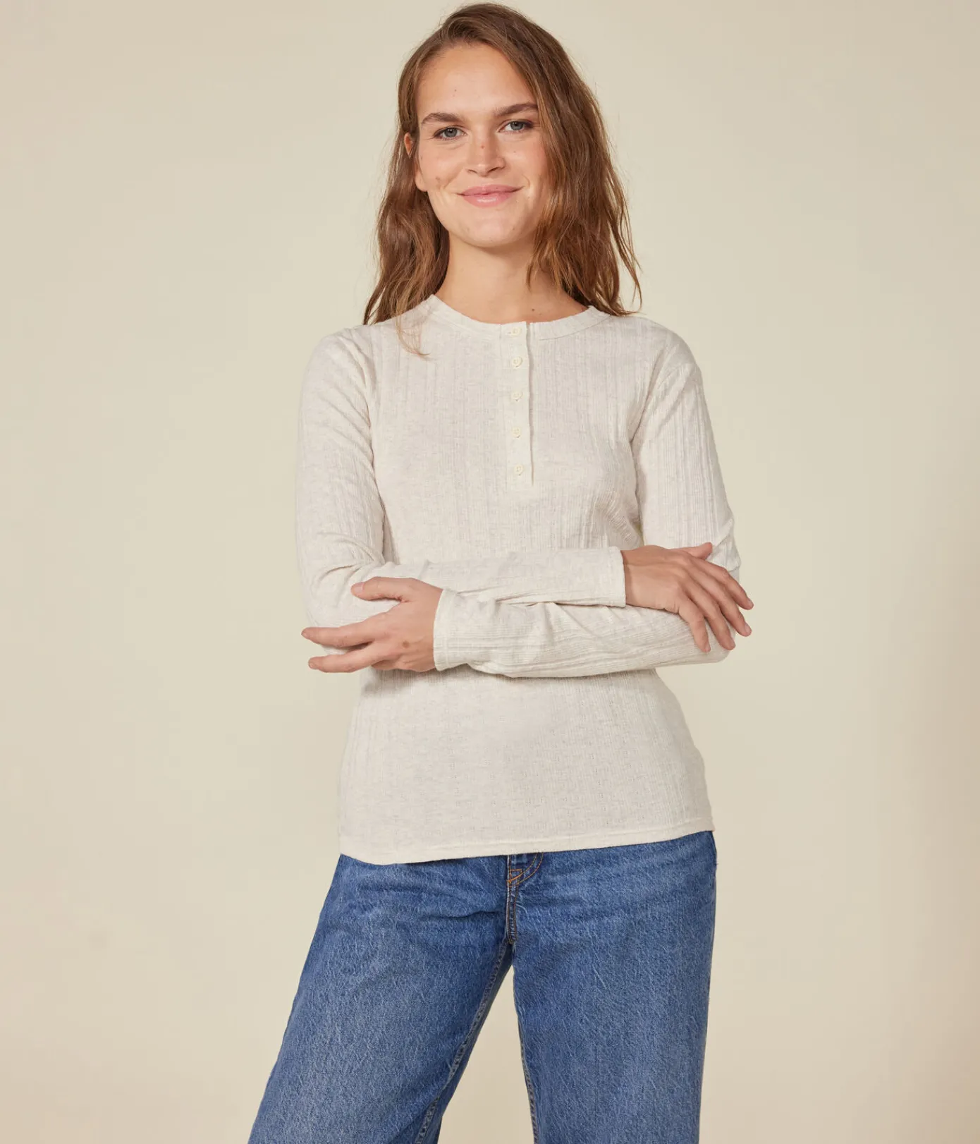 Petit Bateau Alle Langarmshirts|Das Ikonische (Slim)*Langärmeliges Damen-T-Shirt mit Kragen mit Knopfleiste im einfarbigen Nadelzug-Strick beige MONTELIMAR CHINE
