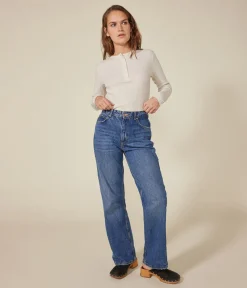 Petit Bateau Alle Langarmshirts|Das Ikonische (Slim)*Langärmeliges Damen-T-Shirt mit Kragen mit Knopfleiste im einfarbigen Nadelzug-Strick beige MONTELIMAR CHINE