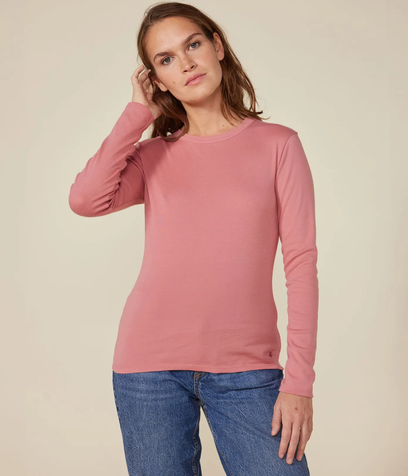 Petit Bateau Alle Langarmshirts|Das Ikonische (Slim)*Langärmeliges Damen-T-Shirt L'Iconique aus einfarbigem Rippstrick rosa ROSEWOOD