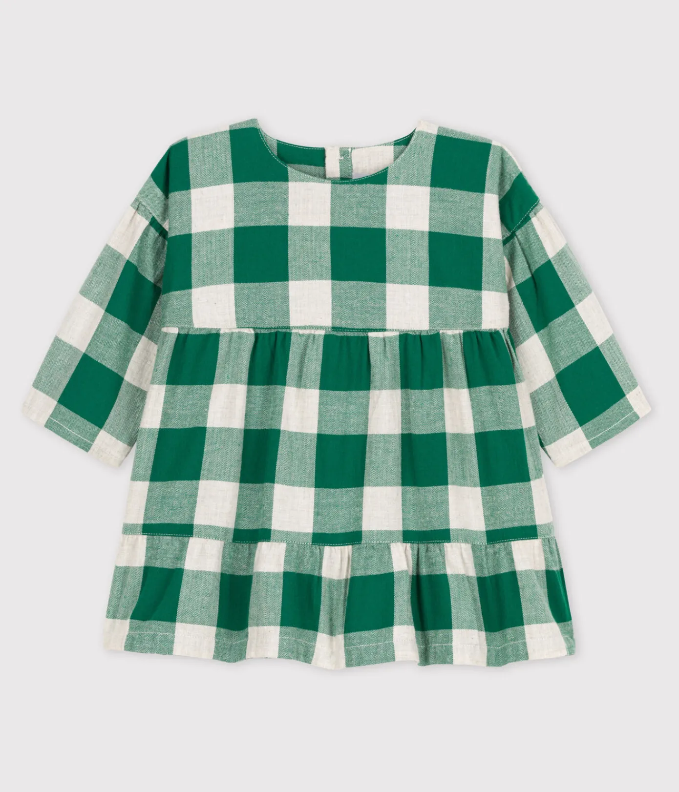 Petit Bateau Kleider*Langärmeliges kariertes Babykleid aus Flanell MATCHA/ AVALANCHE