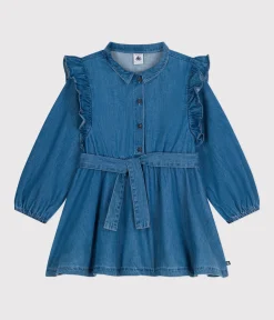 Petit Bateau Kleider, Röcke*Langärmeliges Kinder-Kleid aus leichtem Denim für Mädchen blau DENIM CLAIR