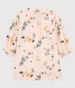 Petit Bateau Kleider, Röcke*Langärmeliges Kinderkleid aus Baumwollgaze für Mädchen rosa SALINE/weiss MULTICO