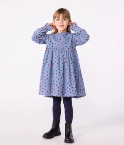 Petit Bateau Kleider, Röcke*Langärmeliges Kinder-Kleid aus bedrucktem Fein-Cord. blau ADRIATIC/ MULTICO