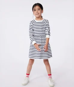 Petit Bateau Kleider, Röcke*Langärmeliges Kinder-Kleid aus Baumwolle mit Streifen weiss MARSHMALLOW/blau SMOKING