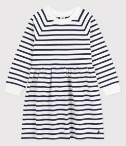 Petit Bateau Kleider, Röcke*Langärmeliges Kinder-Kleid aus Baumwolle mit Streifen weiss MARSHMALLOW/blau SMOKING