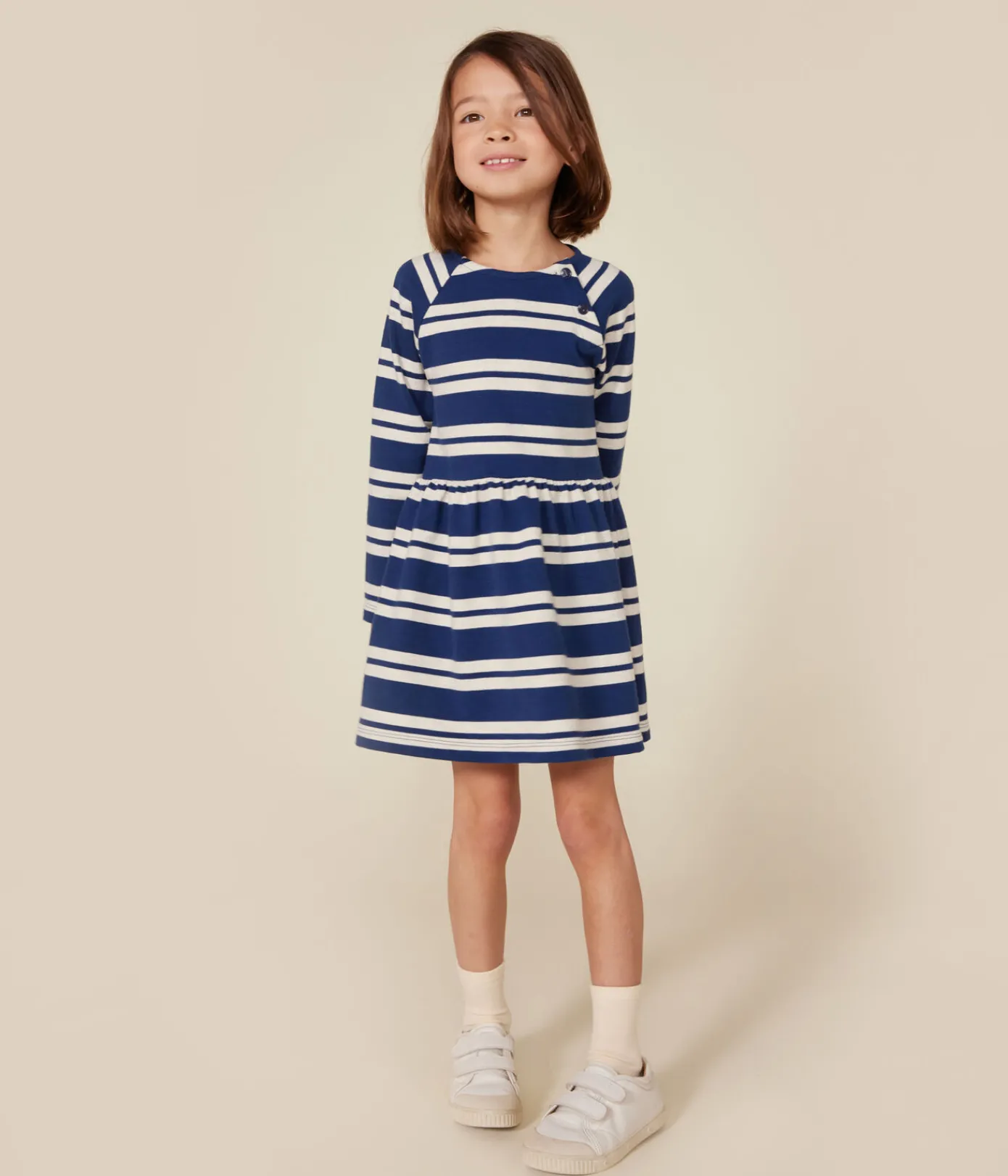 Petit Bateau Kleider, Röcke*Langärmeliges Kinder-Kleid aus festem Baumwollstoff für Mädchen blau MEDIEVAL/ MONTELIMAR