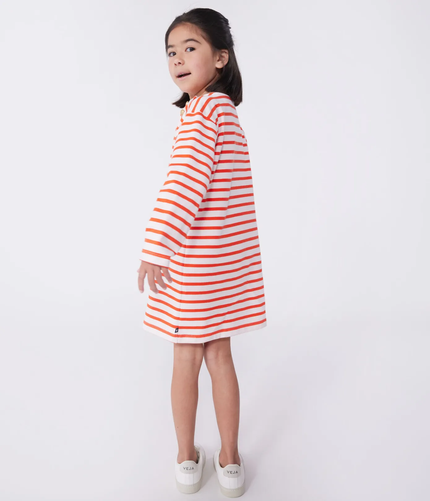 Petit Bateau Kleider, Röcke*Langärmeliges Kinder-Kleid aus Baumwolle mit Streifen rosa FLEUR/ SPICY