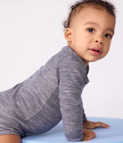 Petit Bateau Bodys*Langärmliger Baby-Body aus Wolle und Baumwolle blau SOIR/ MARSHMALLOW