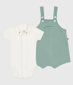 Petit Bateau Sets, Overalls & Latzhosen|Newborn*Newborn-Set Latzhose und bestickter Strampler aus einfarbiger Baumwolle grün PAUL