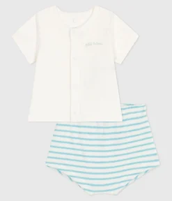 Petit Bateau Sets, Overalls & Latzhosen|Newborn*Newborn-Set Zweiteiler aus Baumwolle mit gestreiftem Unterteil blau MARSHMALLOW/ AQUATIC