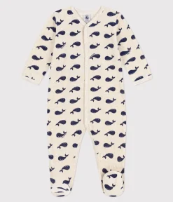 Petit Bateau Schlafanzüge, Strampler*Pyjama aus Samt mit Meereswalen beige MONTELIMAR/blau MEDIEVAL