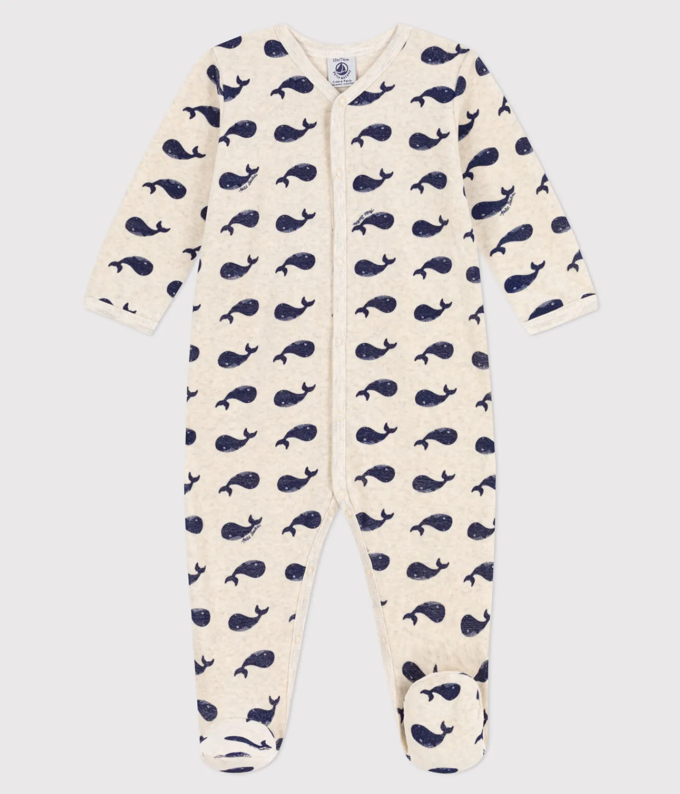 Petit Bateau Schlafanzüge, Strampler*Pyjama aus Samt mit Meereswalen beige MONTELIMAR/blau MEDIEVAL