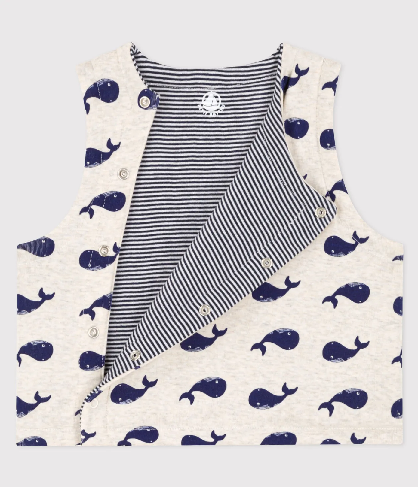 Petit Bateau Pullover, Cardigans*Ärmellose Baby-Wendejacke mit Walmotiv aus Baumwolle beige MONTELIMAR/blau MEDIEVAL