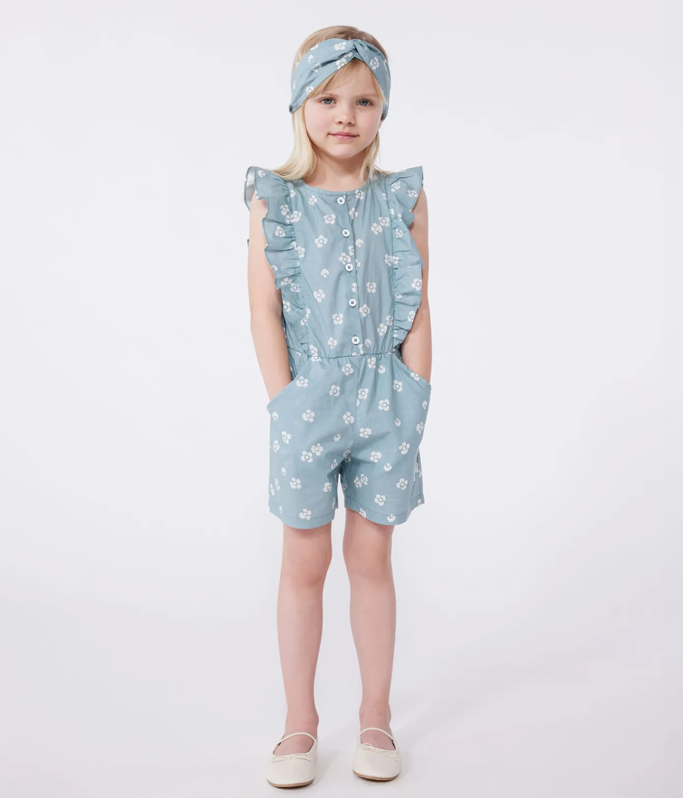 Petit Bateau Shorts, Hosen, Leggings*Ärmelloser Kinder-Overall mit Blumenmuster blau PAUL/weiss MARSHMALLOW