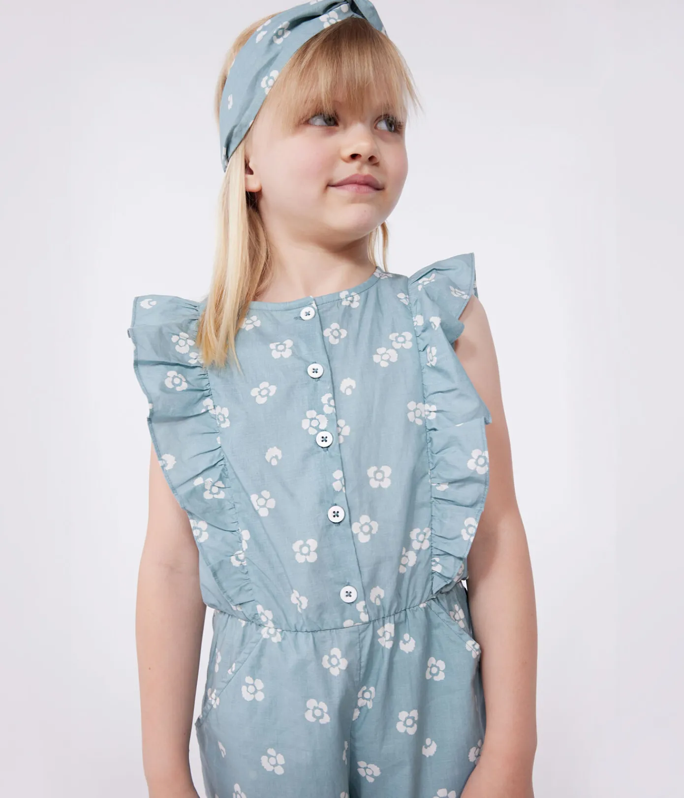 Petit Bateau Shorts, Hosen, Leggings*Ärmelloser Kinder-Overall mit Blumenmuster blau PAUL/weiss MARSHMALLOW