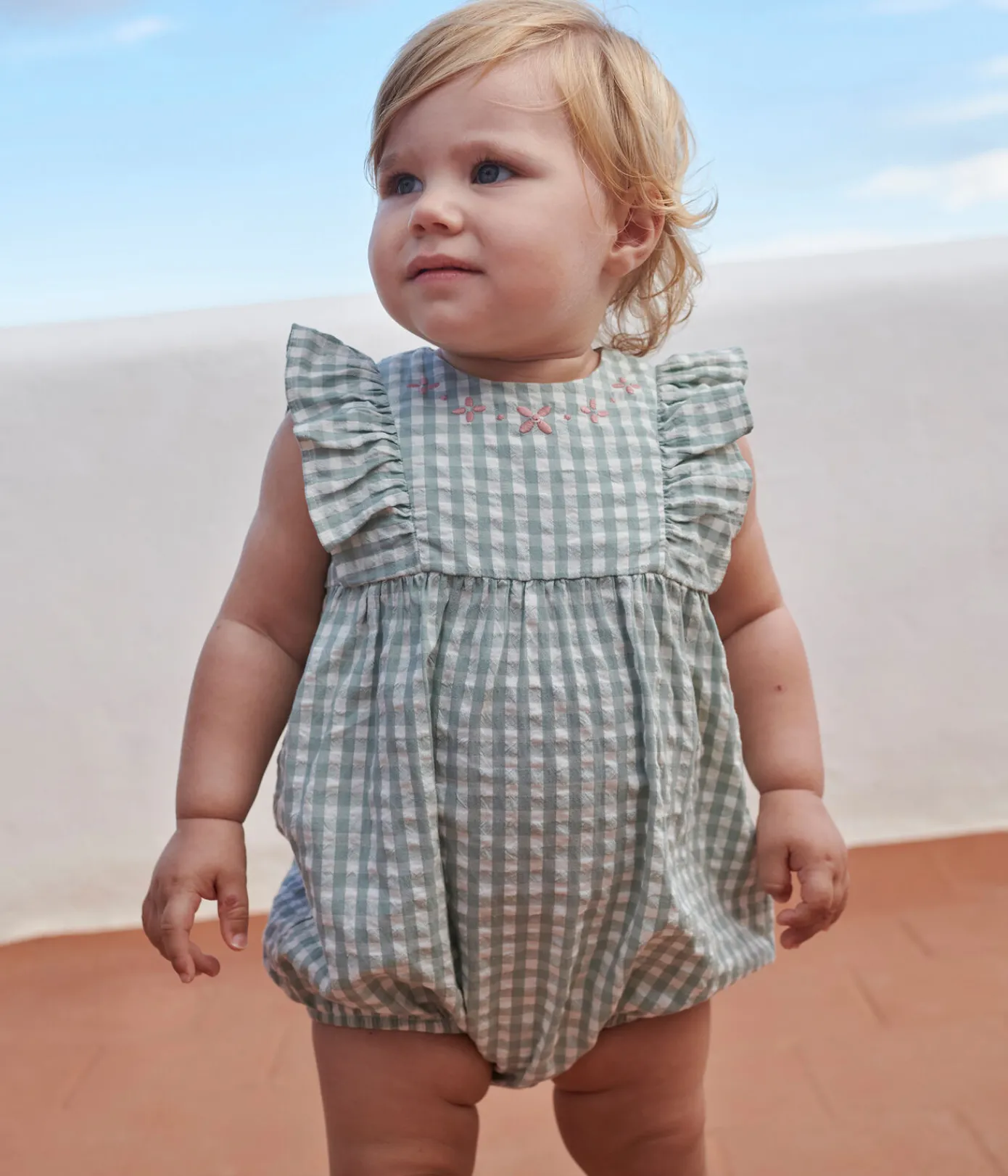 Petit Bateau Sets, Overalls & Latzhosen*Ärmelloser Strampler aus Baumwolle mit Vichy-Muster und besticktem Kragen blau PAUL/weiss MARSHMALLOW