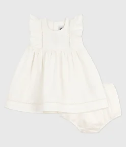 Petit Bateau Kleider*Ärmelloses Baby-Kleid aus einfarbiger Baumwolle mit Stickerei und dazu passendem Bloomer weiss ECUME