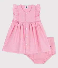 Petit Bateau Kleider*Ärmelloses Baby-Kleid aus leichter Baumwolle und Bloomer mit Vichy-Muster weiss ECUME/ PETAL