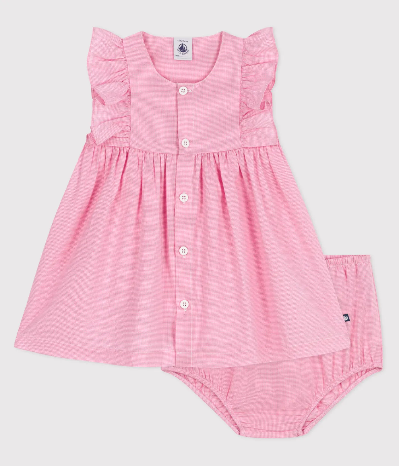 Petit Bateau Kleider*Ärmelloses Baby-Kleid aus leichter Baumwolle und Bloomer mit Vichy-Muster weiss ECUME/ PETAL