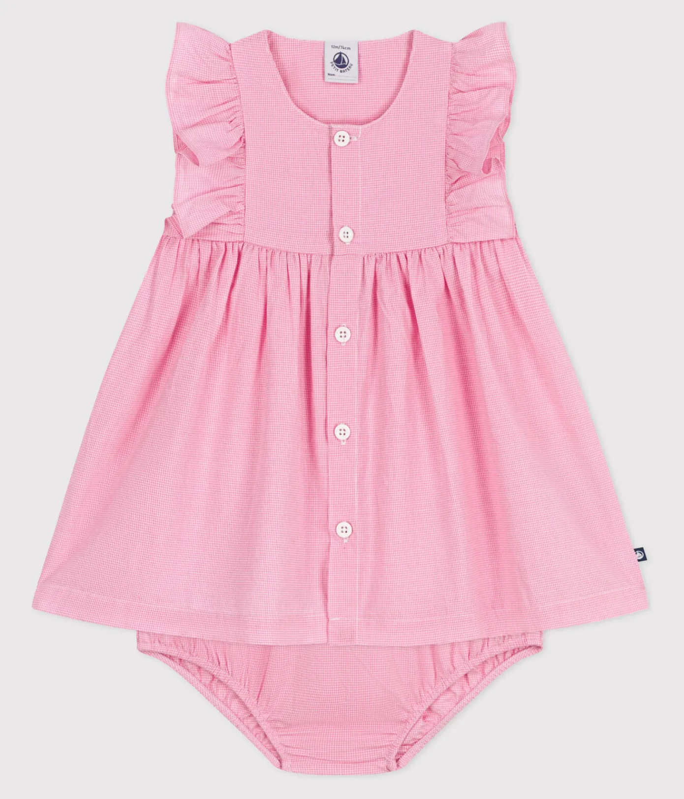 Petit Bateau Kleider*Ärmelloses Baby-Kleid aus leichter Baumwolle und Bloomer mit Vichy-Muster weiss ECUME/ PETAL