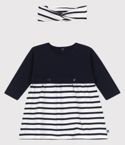 Petit Bateau Kleider*Set langärmeliges Baby-Kleid aus Doppeljersey und Baumwolle und dazu passendes Baby-Stirnband. variante 1