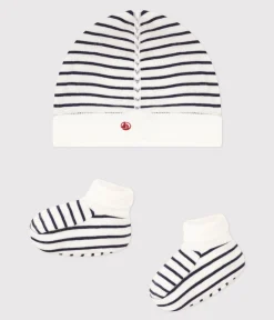 Petit Bateau Accessoires, Sonnenhüte, Caps|Socken, Schühchen*Set mit Mützchen und Babyschuhen mit Matrosenstreifen variante 1