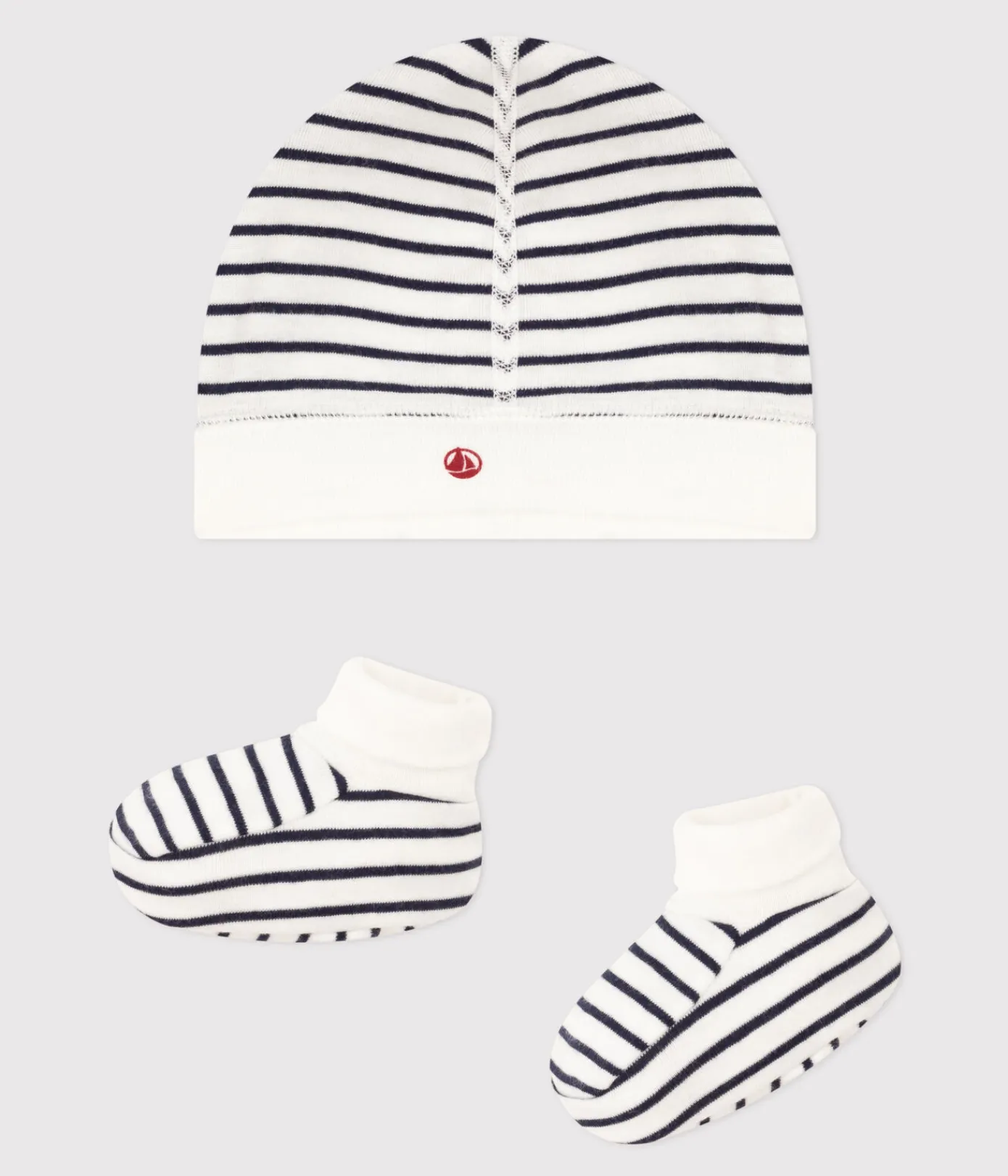 Petit Bateau Accessoires, Sonnenhüte, Caps|Socken, Schühchen*Set mit Mützchen und Babyschuhen mit Matrosenstreifen variante 1