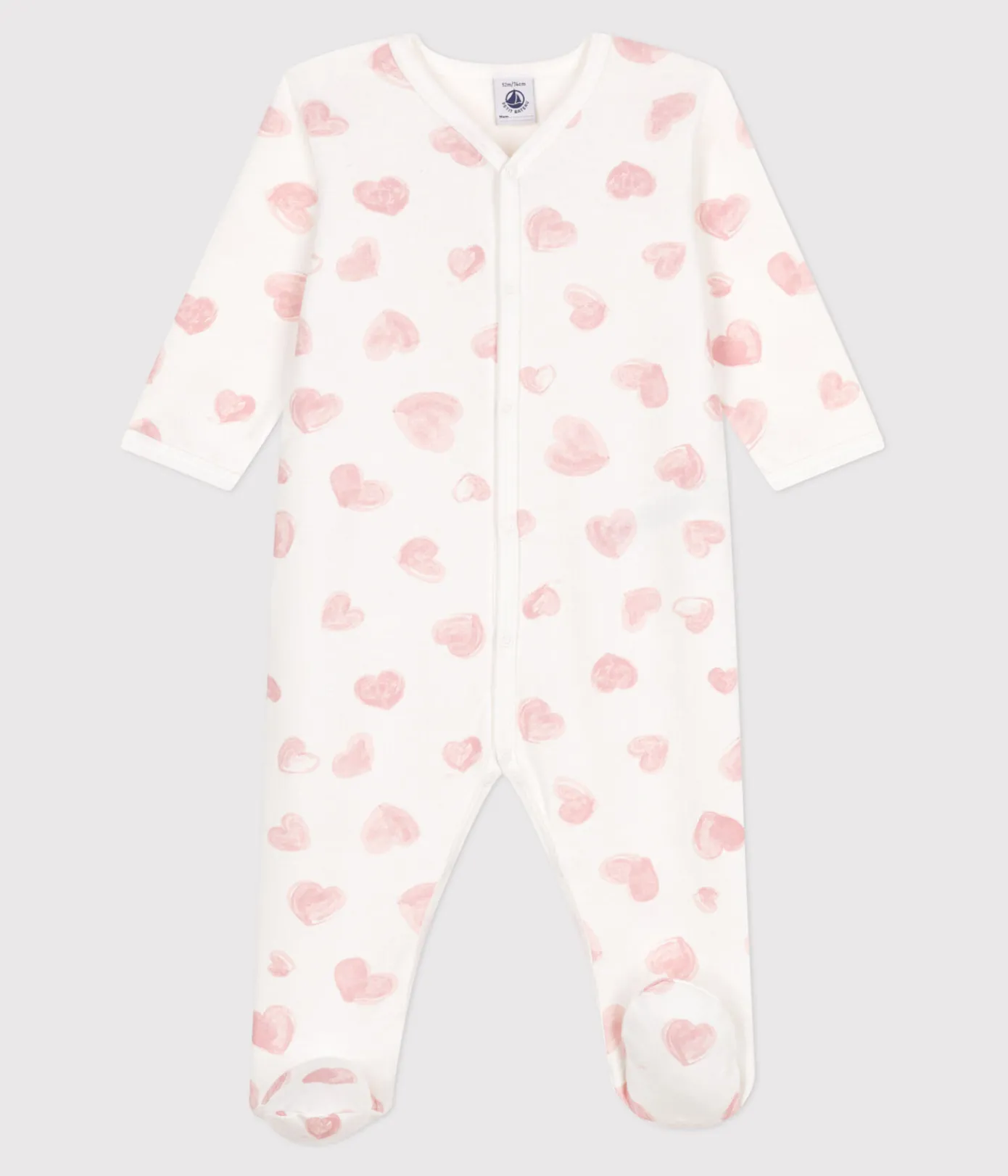 Petit Bateau Schlafanzüge, Strampler*Strampler mit Kragen aus aufgerautem Molton mit Herz-Motiv weiss MARSHMALLOW/rosa CHARME